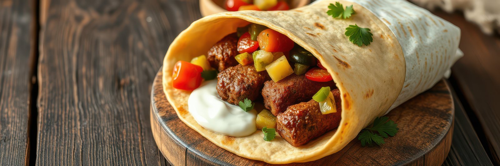 Delicious wrap filled with savory meat, fresh vegetables, and creamy sauce served on a rustic wooden board
